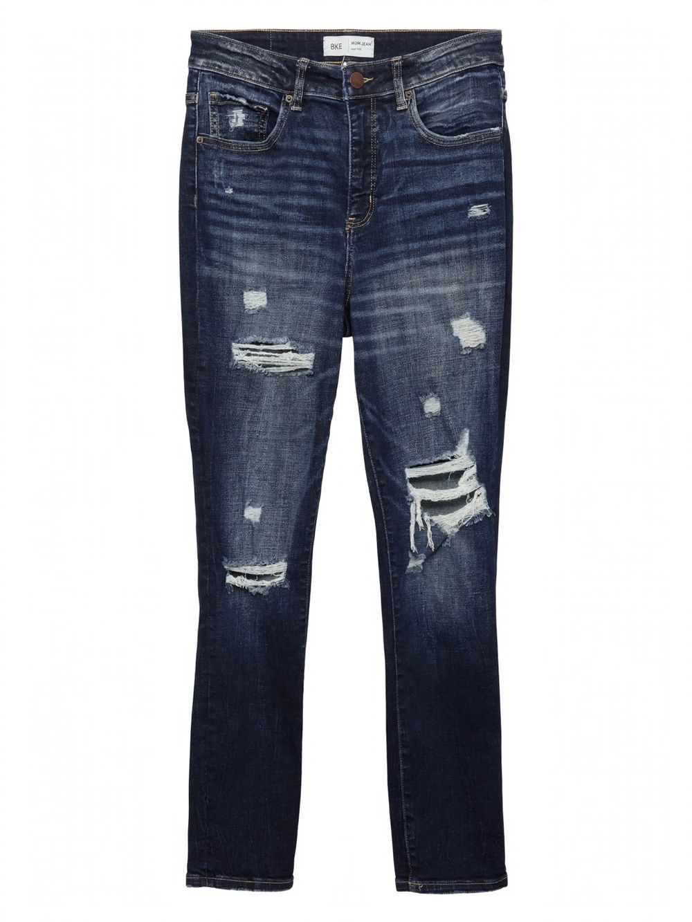 BKE Mom Jean High Rise Womens Distressed Ankle Jeans Dark Wash Ripped Buckle 28